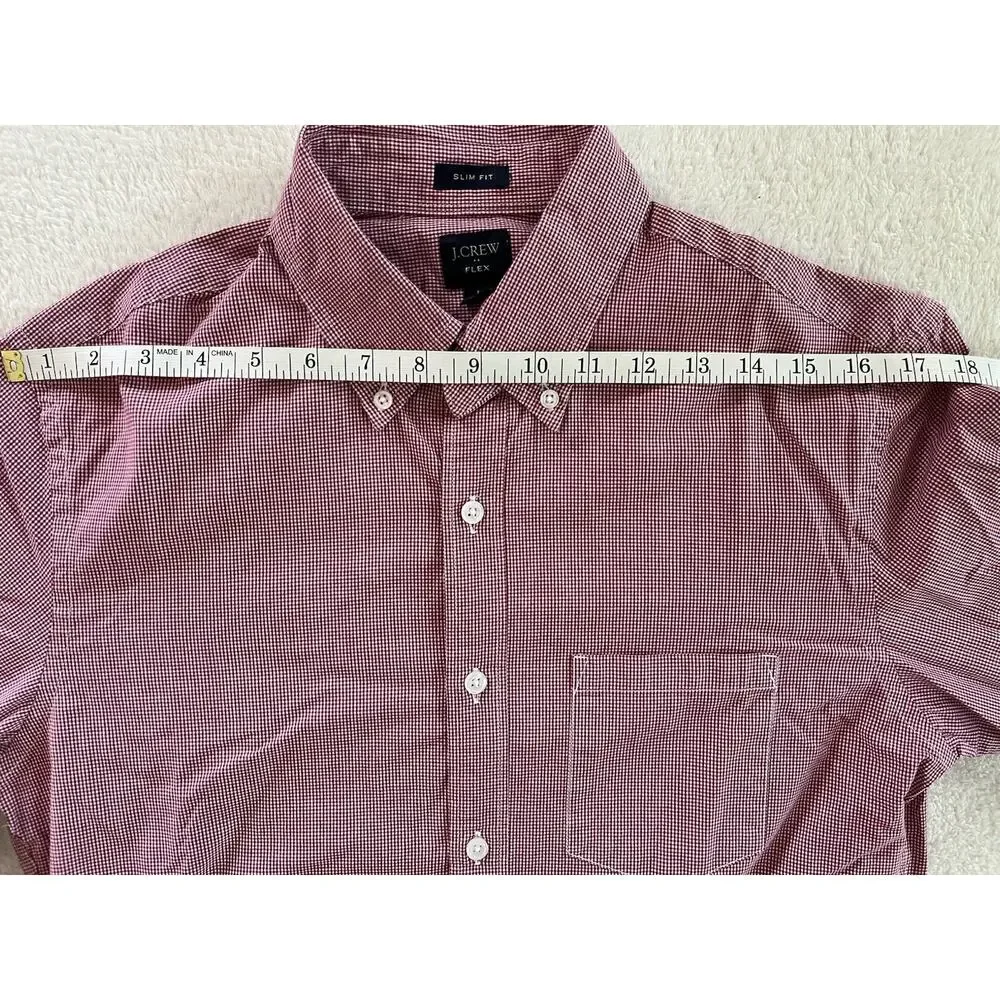 J Crew Shirt Mens Medium Burgundy Check Slim Fit Flex Button Down EUC